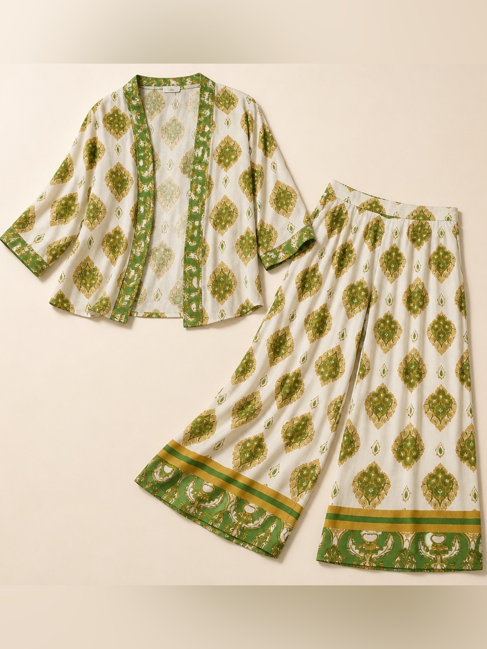 Haute Hippie Women’s White, Green & Gold Printed Linen Wide-Leg Pant Set - Picture 6 of 9